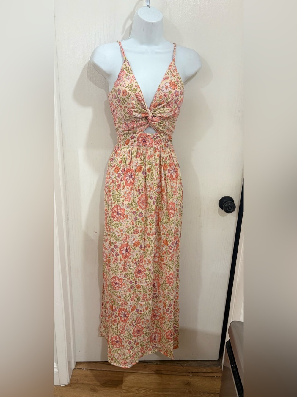 Angie Peach Floral bohemian summer twist-Front Maxi Dress